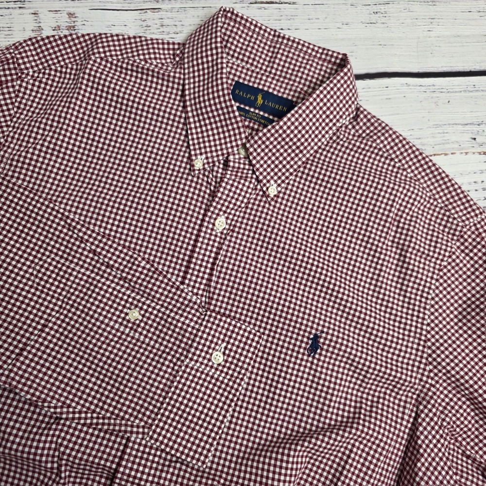 Ralph Lauren Cotton Stretch Slim Fit Mens XL Button Down Long Sleeve Red Gingham